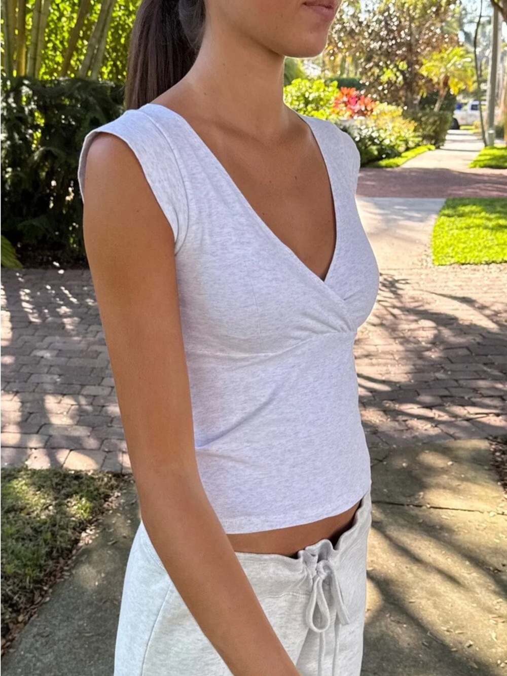 Brandy Melville Grey Amara Top Sleeveless V-Neck White Wrap Front Tank Top